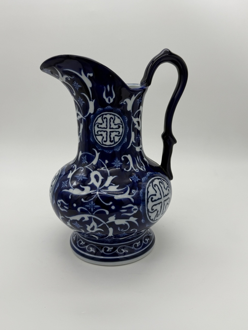 Large Bombay Asian Garden Chinoiserie Pitcher Deep Cobalt Blue W/Arched Handle